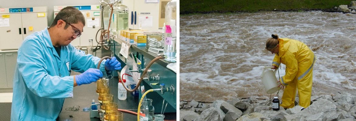 Laboratory Technician working and a Water Resources Technician taking a sample in the river.