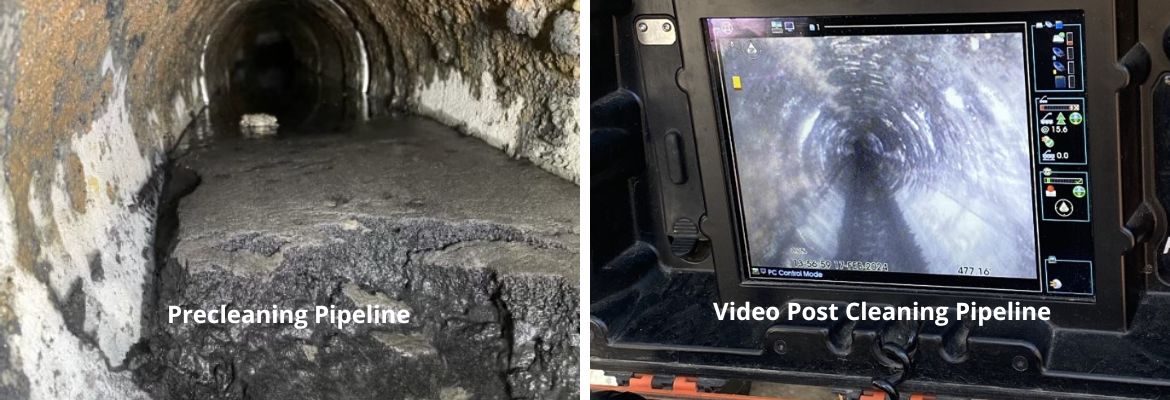 Pre-cleaning picture of pipeline from inside a vault and a picture of a video of post cleaning the pipeline.