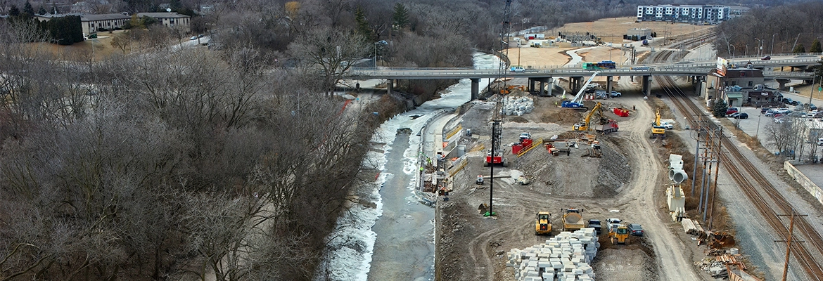 drone image of western milwaukee river restoration