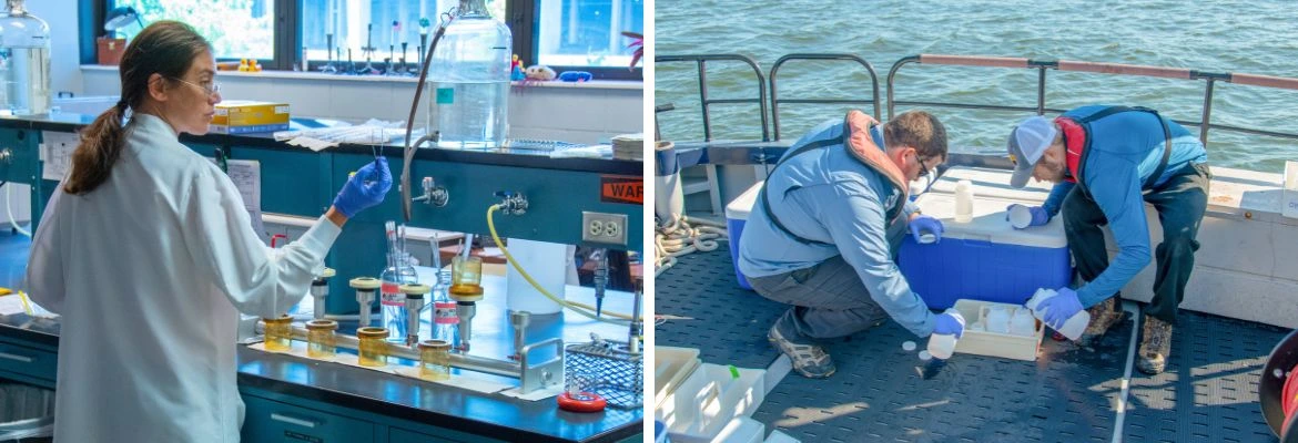 MMSD staff working in the lab and taking samples on Lake Michigan.